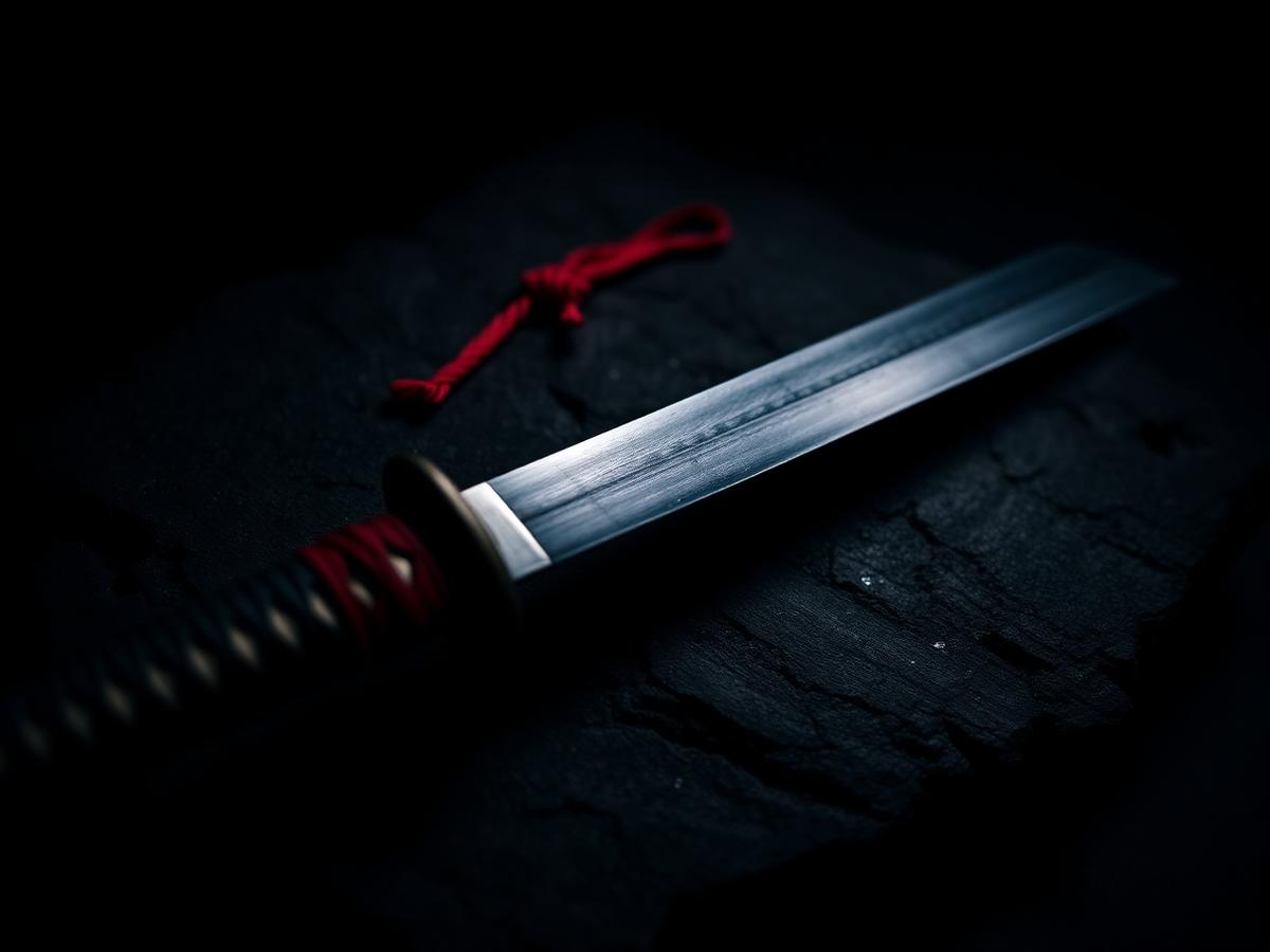 Japanese sword resting on dark stone with a red cord